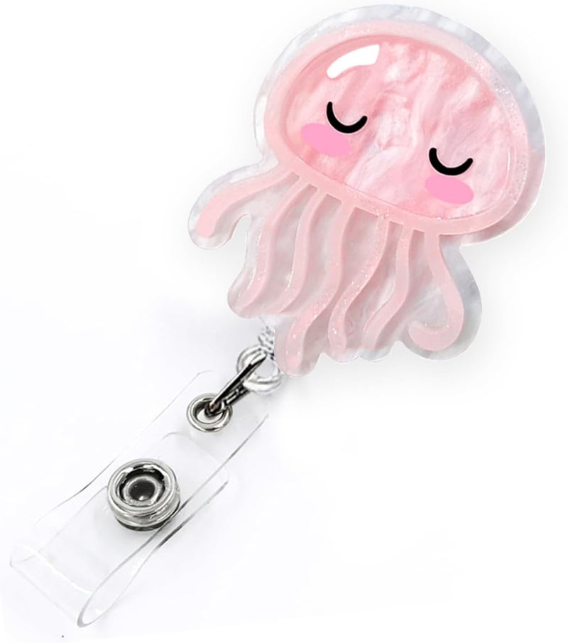 LEBEIGHT Pink Jellyfish Badge Reel Retractable for Nurse, Doctor, Medical Worker & Nursing Student | Cute Pediatric Nurse ID Name Badge Holder with Alligator Clip & 24” Durable Nylon Retractable Cord | Acrylic - Image 1